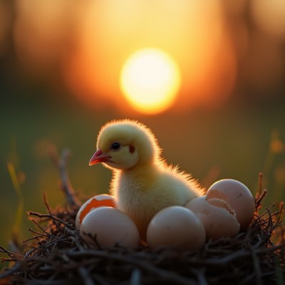 Chick in nest at sunset