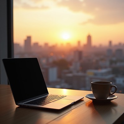 Laptop and Coffee at Sunset City View