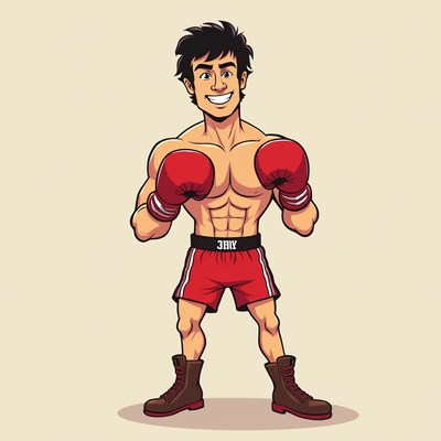 Muscular cartoon boxer with red gloves
