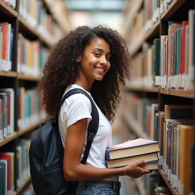 African-American girl with books in library