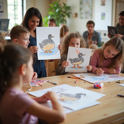 Children drawing ducks with teacher