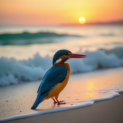 Kingfisher on beach at sunset