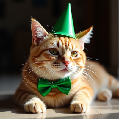 Orange cat wearing green party hat bowtie