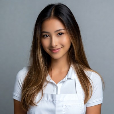 Asian woman in white chef uniform