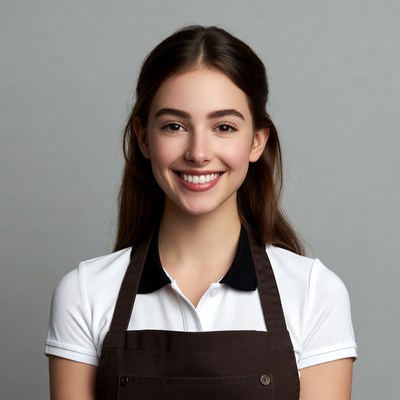 Smiling woman in white shirt and apron