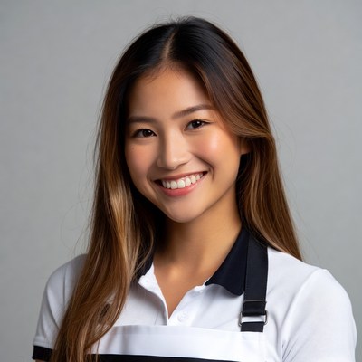 Asian woman smiling in white chef uniform