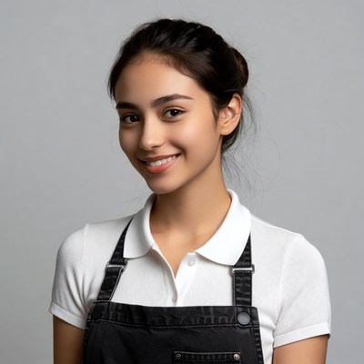 Smiling Asian woman in black apron