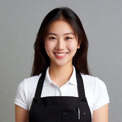 Asian woman in black apron