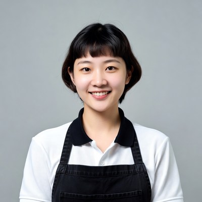 Asian woman in white shirt black apron