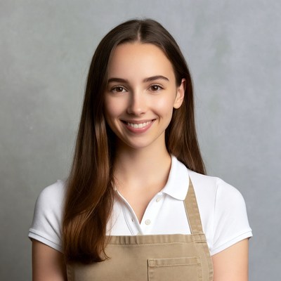 Smiling woman in apron and polo shirt