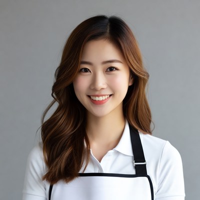 Asian woman wearing white apron