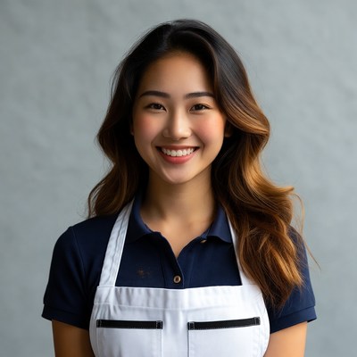 Asian woman smiling in chef apron