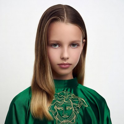 Teen girl in green Versace shirt