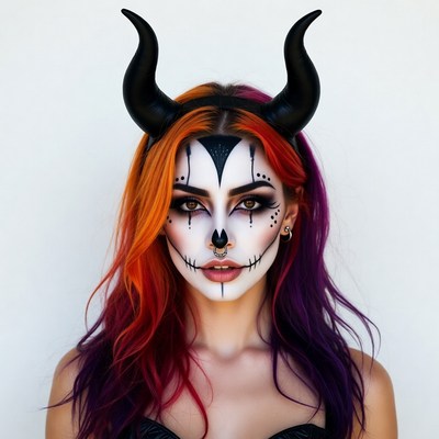 Woman with demon horns and skull makeup