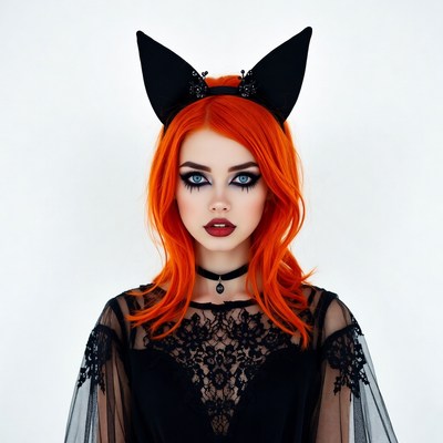 Woman with red hair and cat ears