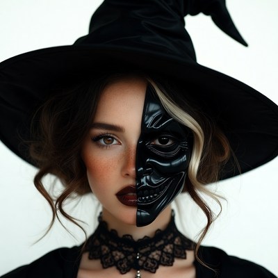 Woman with half skull mask witch hat