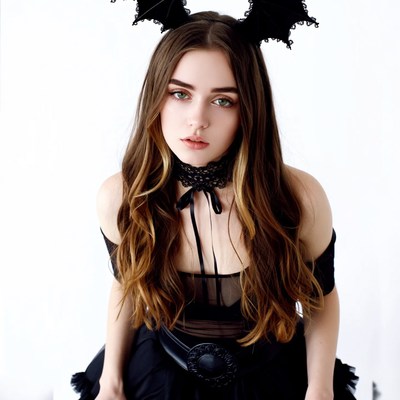 Woman in bat ears gothic dress