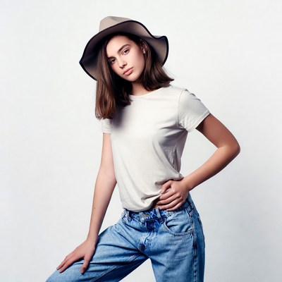 Woman in beige hat and jeans