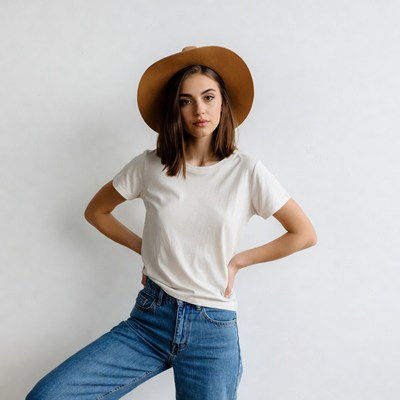 Woman in wide-brim hat and jeans