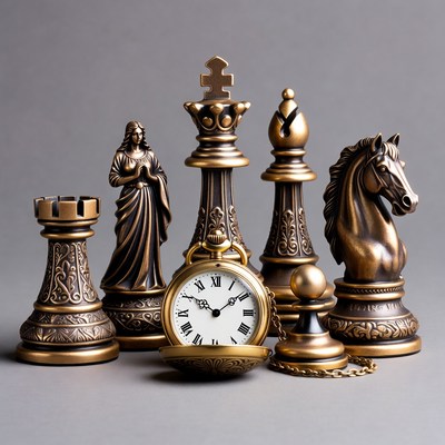 Bronze Chess Pieces with Pocket Watch