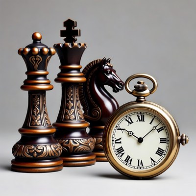 Chess pieces and pocket watch