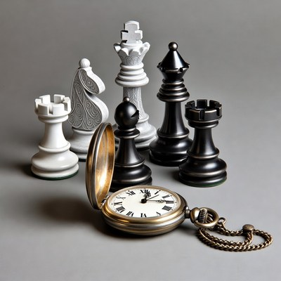 Chess pieces and pocket watch