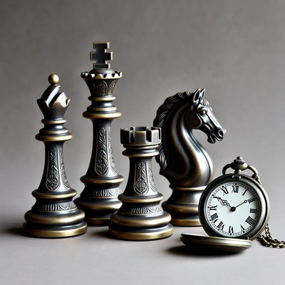 Chess pieces with pocket watch