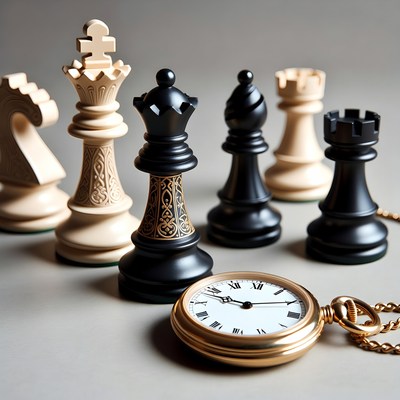 Chess pieces and pocket watch