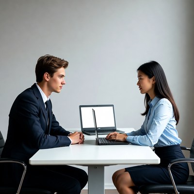 Young man and Asian woman at business meeting