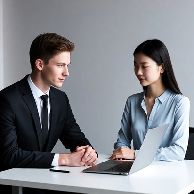 Asian man and woman at laptop meeting