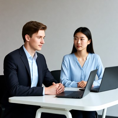 Young man and Asian woman working on laptops