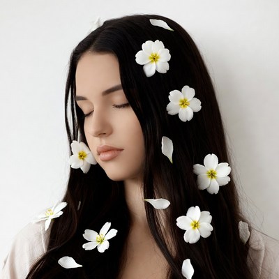 Woman with white flowers in black hair