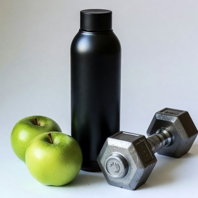 Green Apples, Black Water Bottle, Dumbbell