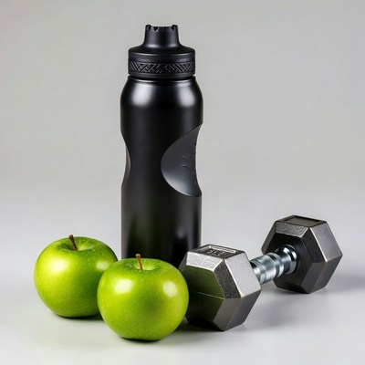 Green Apples, Black Water Bottle, Dumbbells