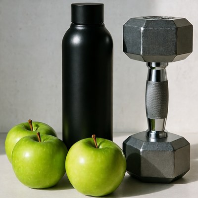 Green Apples, Black Water Bottle, Dumbbell