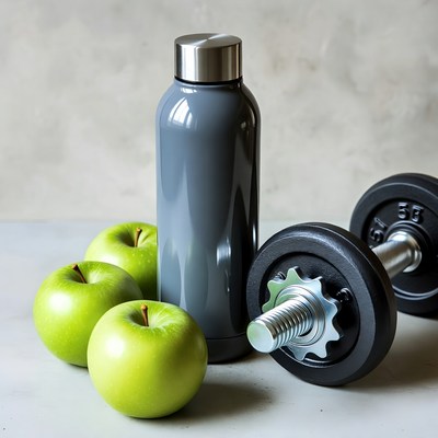Green Apples, Water Bottle, Dumbbell