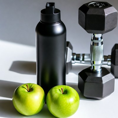Green Apples with Dumbbells and Water Bottle