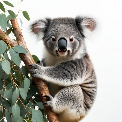 Koala clinging to eucalyptus branch