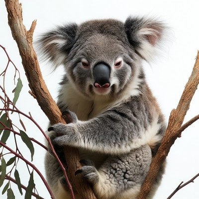 Koala clinging to eucalyptus branch