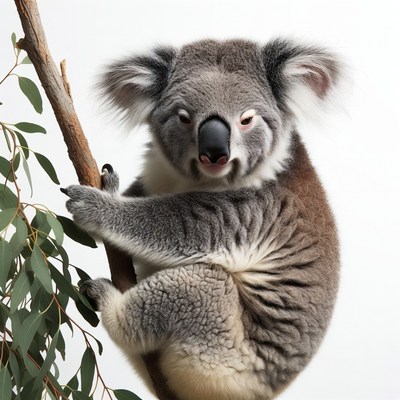 Koala clinging to eucalyptus branch