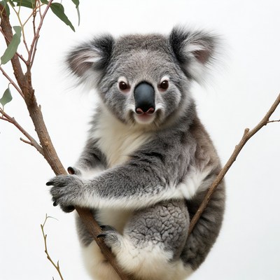 Koala clinging to eucalyptus branch