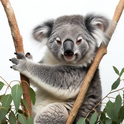 Koala clinging to eucalyptus branch