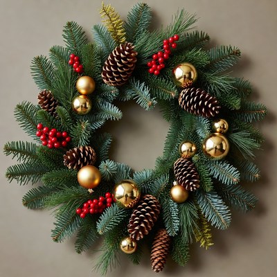 Christmas Wreath with Pine Cones and Gold Ornaments