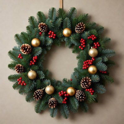 Christmas wreath with pinecones and berries
