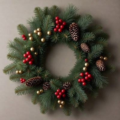Christmas Wreath with Pine Cones and Berries