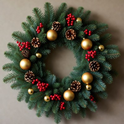 Christmas Wreath with Pine Cones and Gold Ornaments