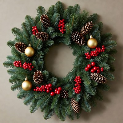 Christmas Wreath with Pine Cones and Berries