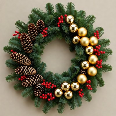 Christmas Wreath with Pine Cones and Gold Ornaments
