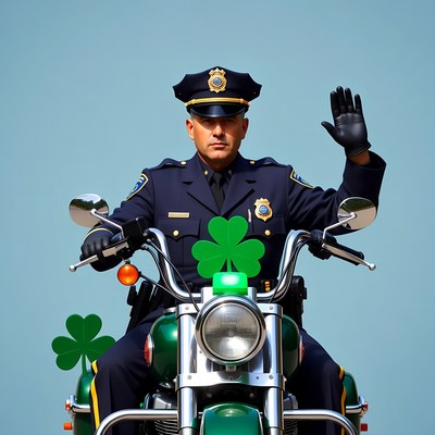 Policeman on motorcycle waving with shamrocks