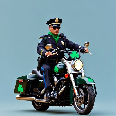 Policeman on green shamrock motorcycle